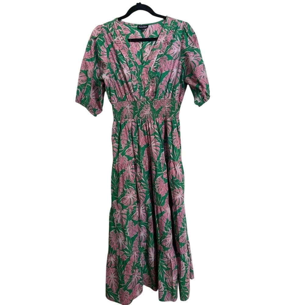 Meadow Rhodes Pink & Green Tropical Leaf Maxi‎ Dress - Size M - 100% Cotton